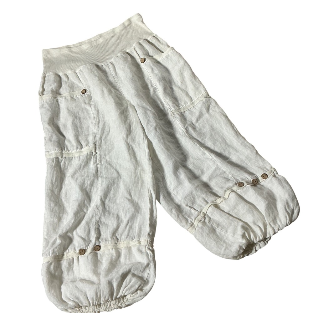 Made in Italy Boho Linen Harem Pants Women XL White Cargo Balloon Lagenlook